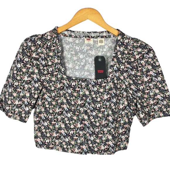Levi’s Floral Puff Shoulder Cropped Blouse Medium - Picture 1 of 7